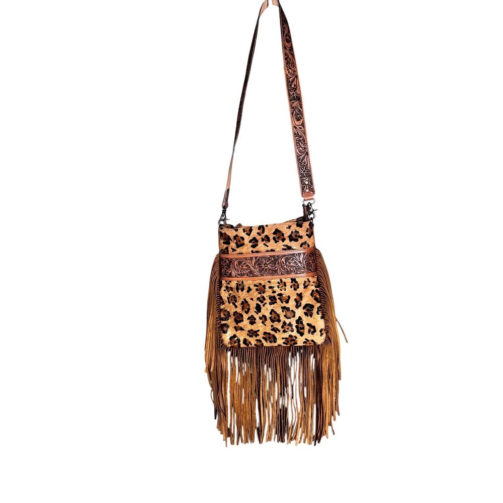 American Darling Leopard Print Leather Fringe Crossbody Bag - Brown
